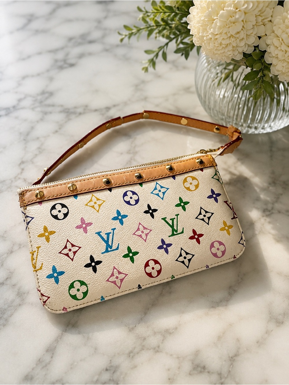 Louis Vuitton Multicolor Monogram Mini Pochette in White Canvas with Tan Trim